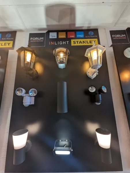 Display board showing traditional outdoor wall lanterns, twin security floodlights, a black up-and-down wall light and modern wall-mounted fittings