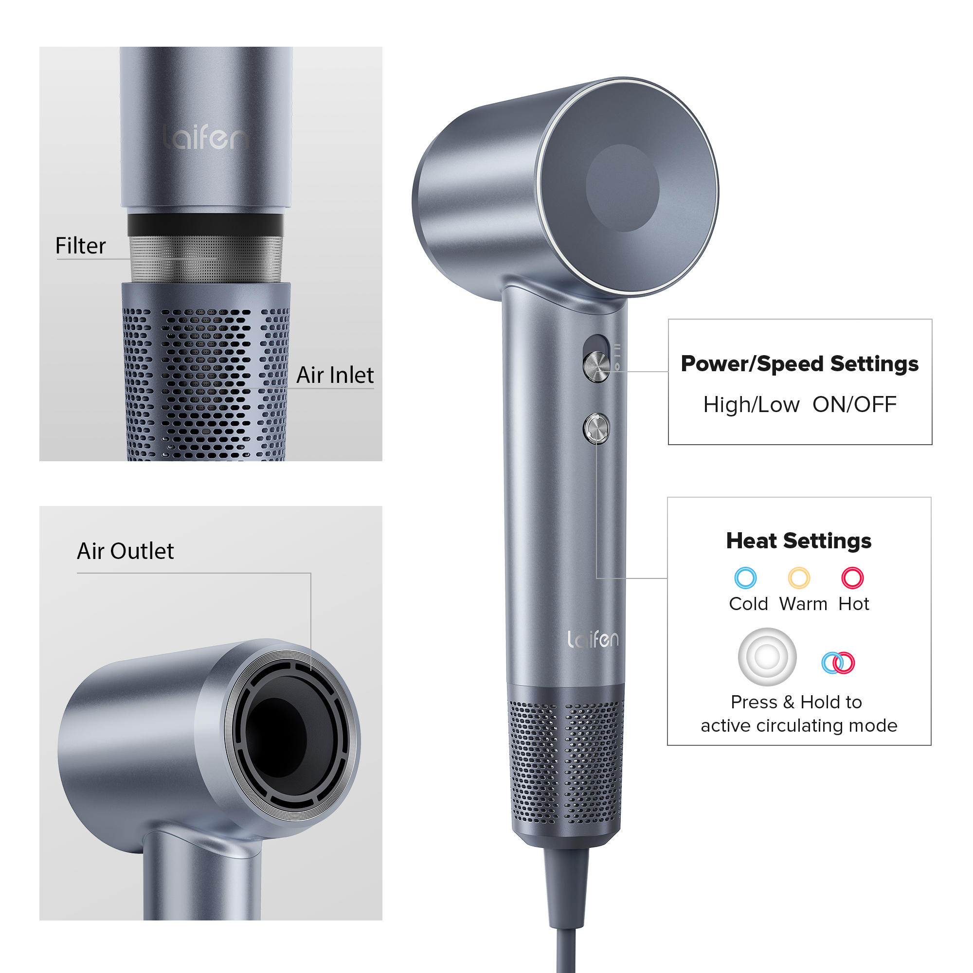Laifen Swift Special - High Speed Hairdryer with 3 Nozzles (Silver Blue) - Image 9