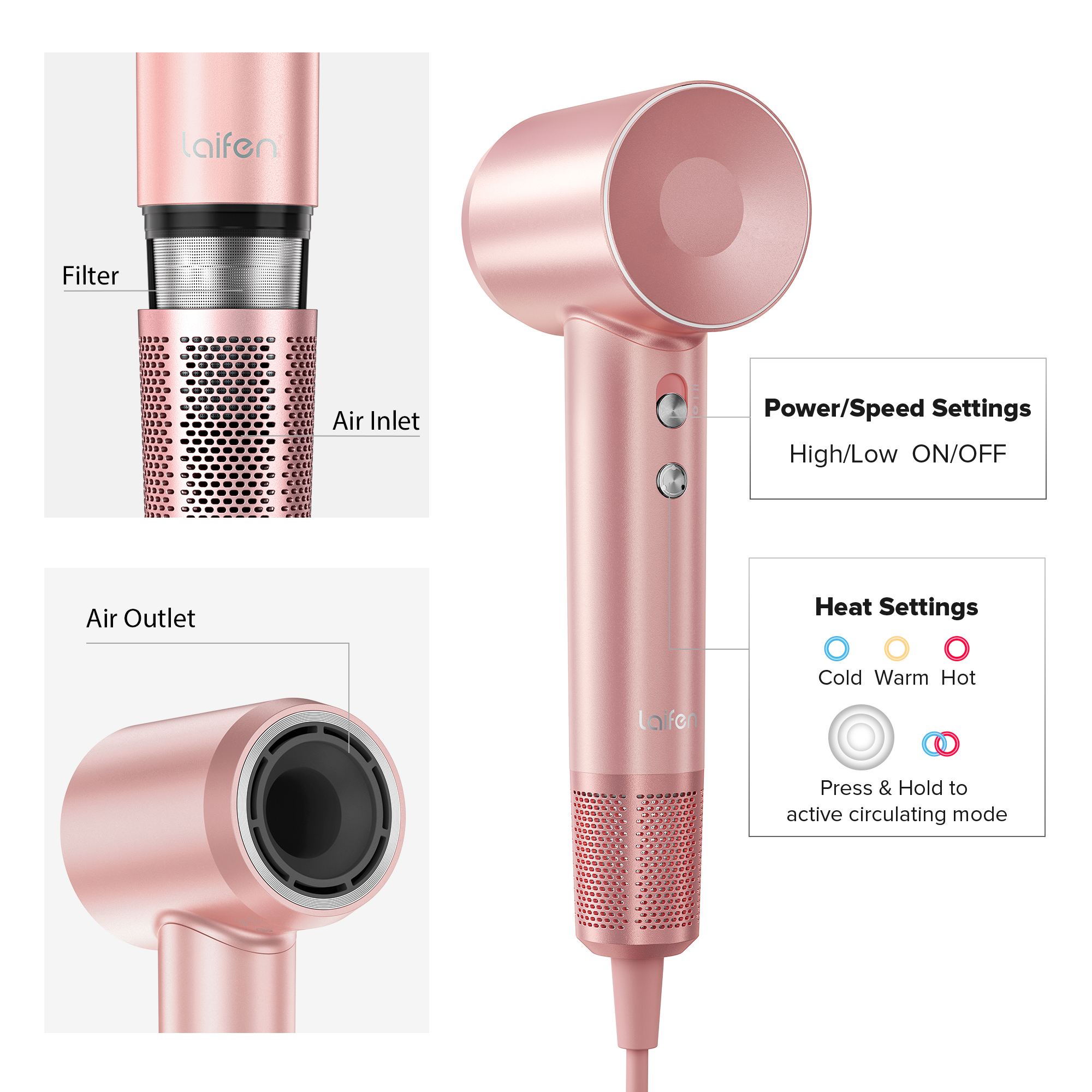 Laifen Swift Special - High Speed Hairdryer with 3 Nozzles (Pink) - Image 9
