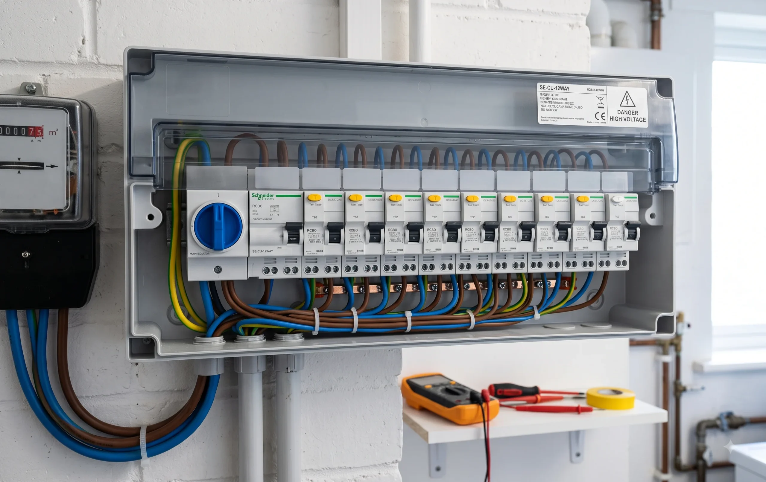 Consumer unit with RCBO ways and main switch