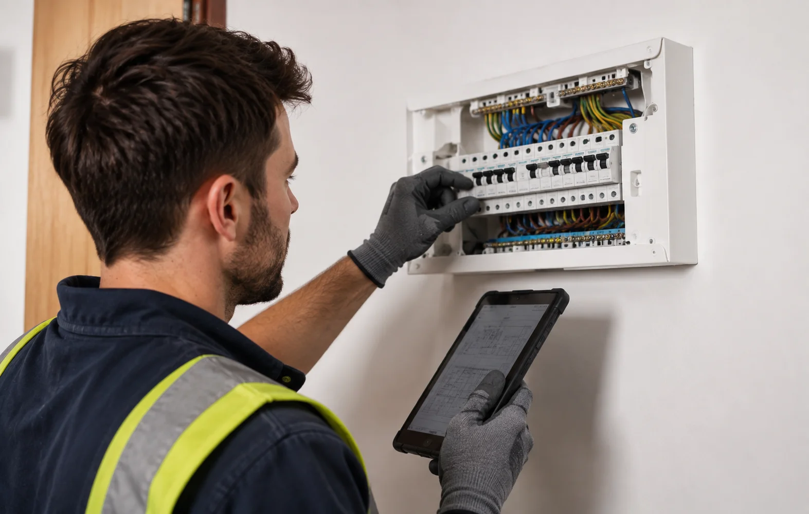 Electrician surveying the consumer unit for an EV charger