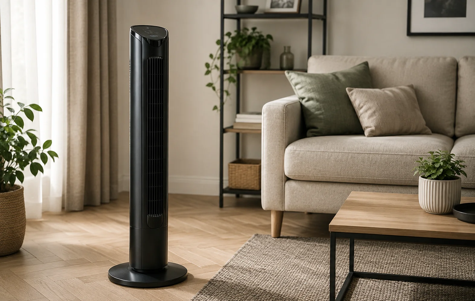 Slim tower fan in a living room